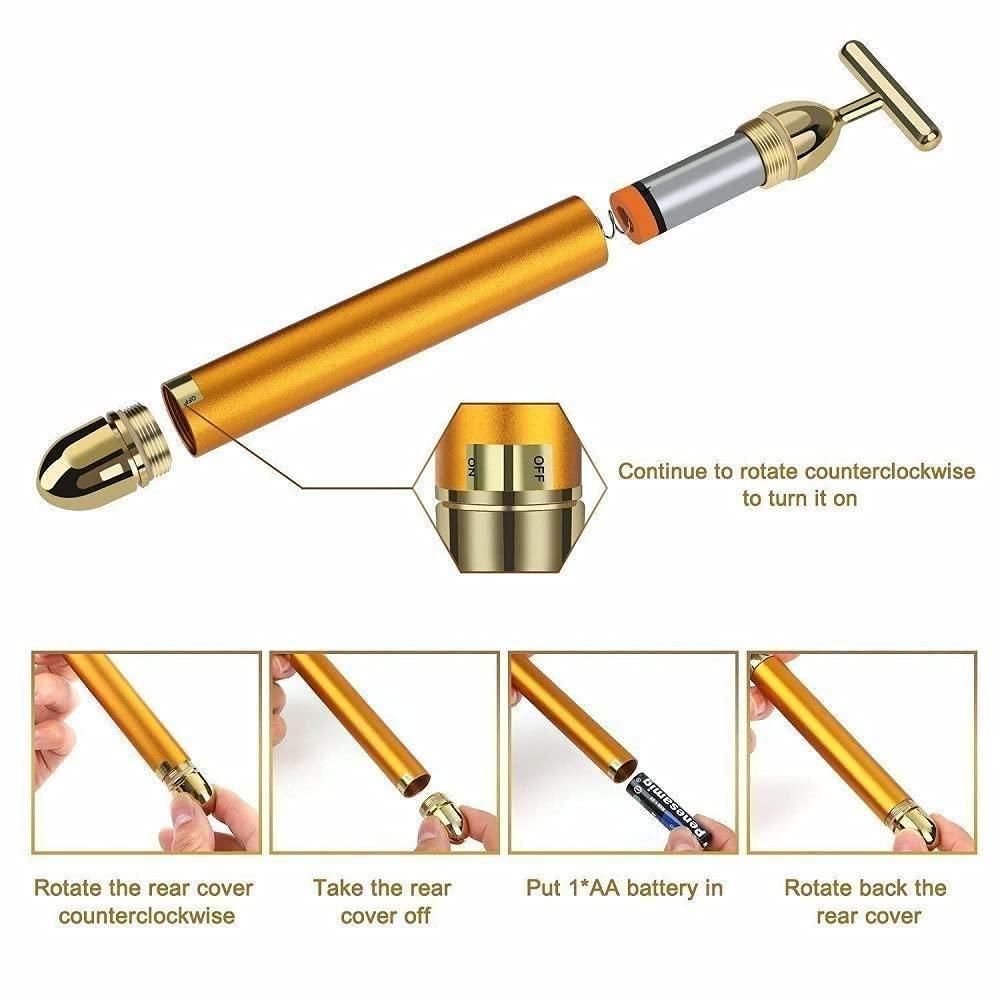 24K gold beauty bar, facial massage roller, anti-aging tool, face lifting roller, vibration face massager, skin tightening device, waterproof beauty bar, wrinkle remover roller, gold facial roller